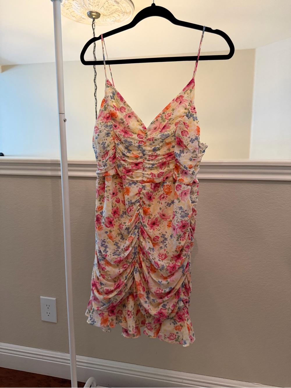Astr Floral Ruched Spaghetti-Strap Mini Dress - Pink, Orange, Blue